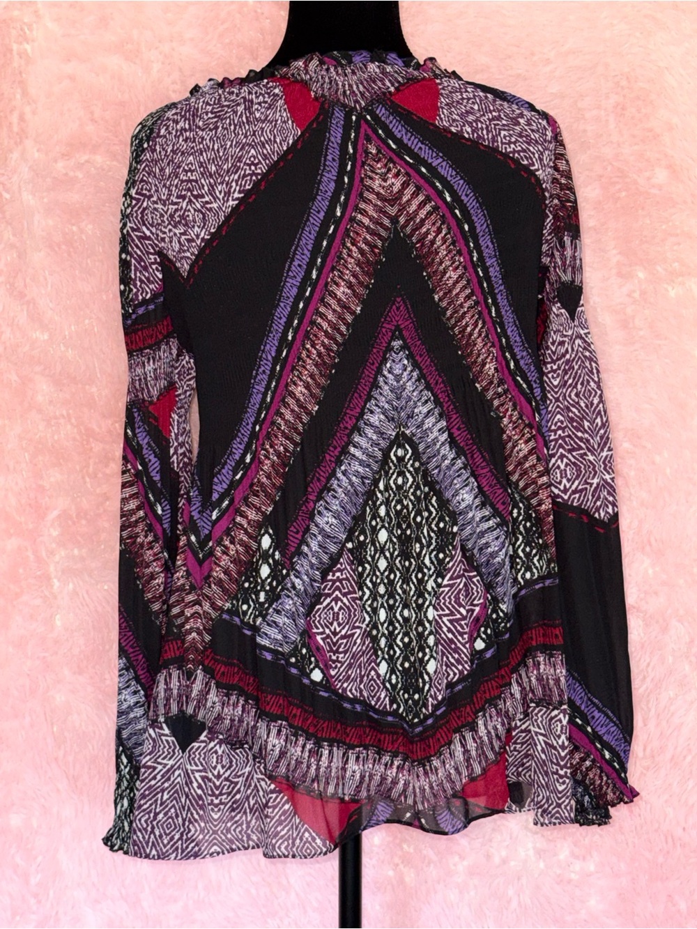 Valerie Stevens M Boho Abstract Print Sheer Tunic Blouse Purple - Picture 2 of 5